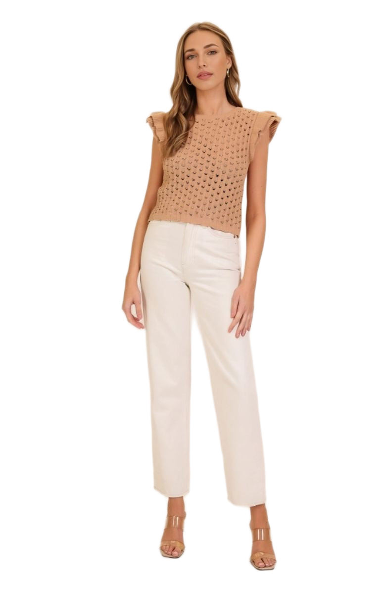 Knit and Lounge Ruffle Cap Sleeve Crochet Open Knit Top, Alternate, color, Camel