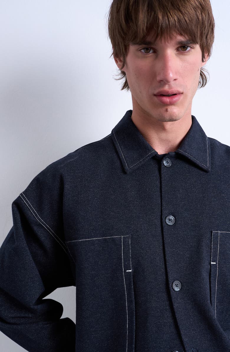 Topman Cotton Denim Jersey Shacket, Alternate, color, Navy