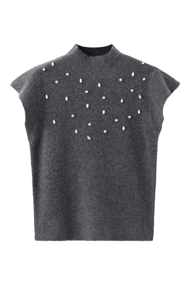 Crystal Embellished Mock Neck Short Sleeve Sweater, Main, color, CHARCOAL