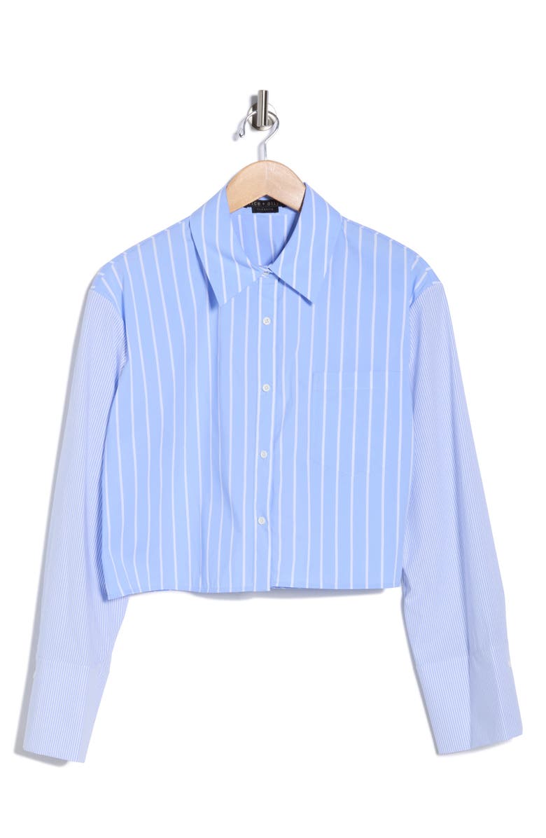 Alice + Olivia Crop Oversize Mixed Stripe Stretch Button-Up Shirt, Main, color, Oxford Blue Multi