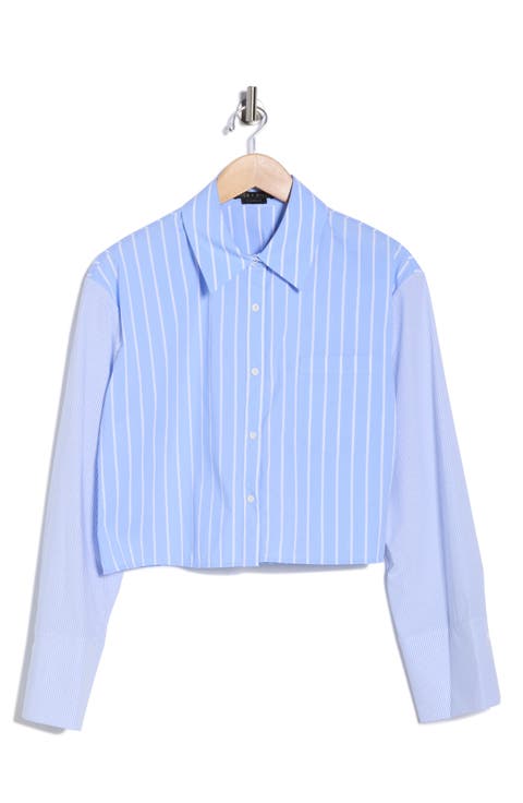 Crop Oversize Mixed Stripe Stretch Button-Up Shirt