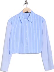Alice + Olivia Crop Oversize Mixed Stripe Stretch Button-Up Shirt