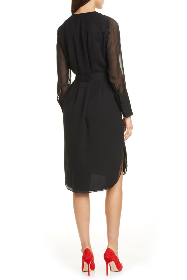 Long Sleeve Silk Chiffon Midi Shirtdress, Alternate, color, BLACK