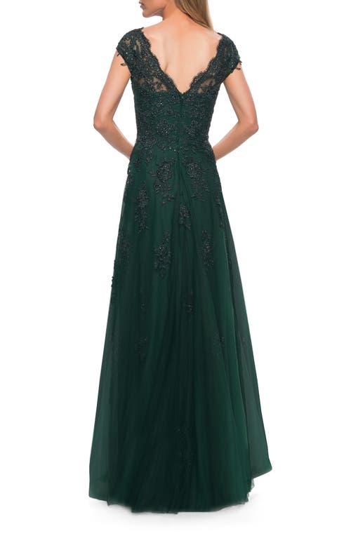 La Femme Short Sleeve Lace Gown With Cascading Embellishments