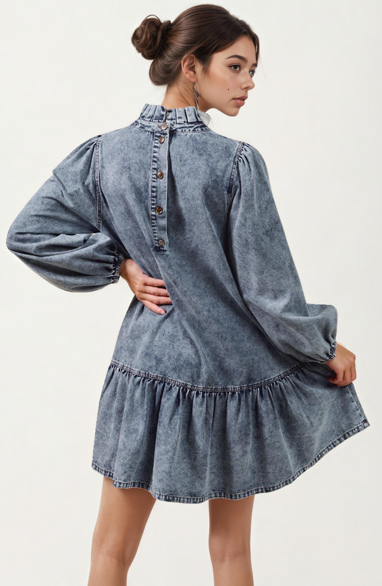 Knit and Lounge Pleated Mock Neck Long Sleeve Ruffle Hem Denim Dress, Alternate, color, Blue
