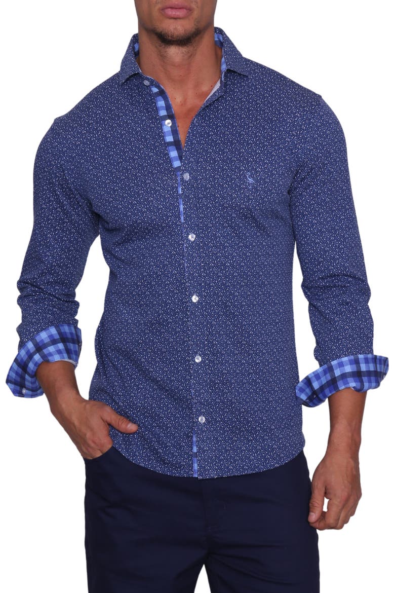 Mini Geo Long Sleeve Knit Sport Shirt, Main, color, NAVY