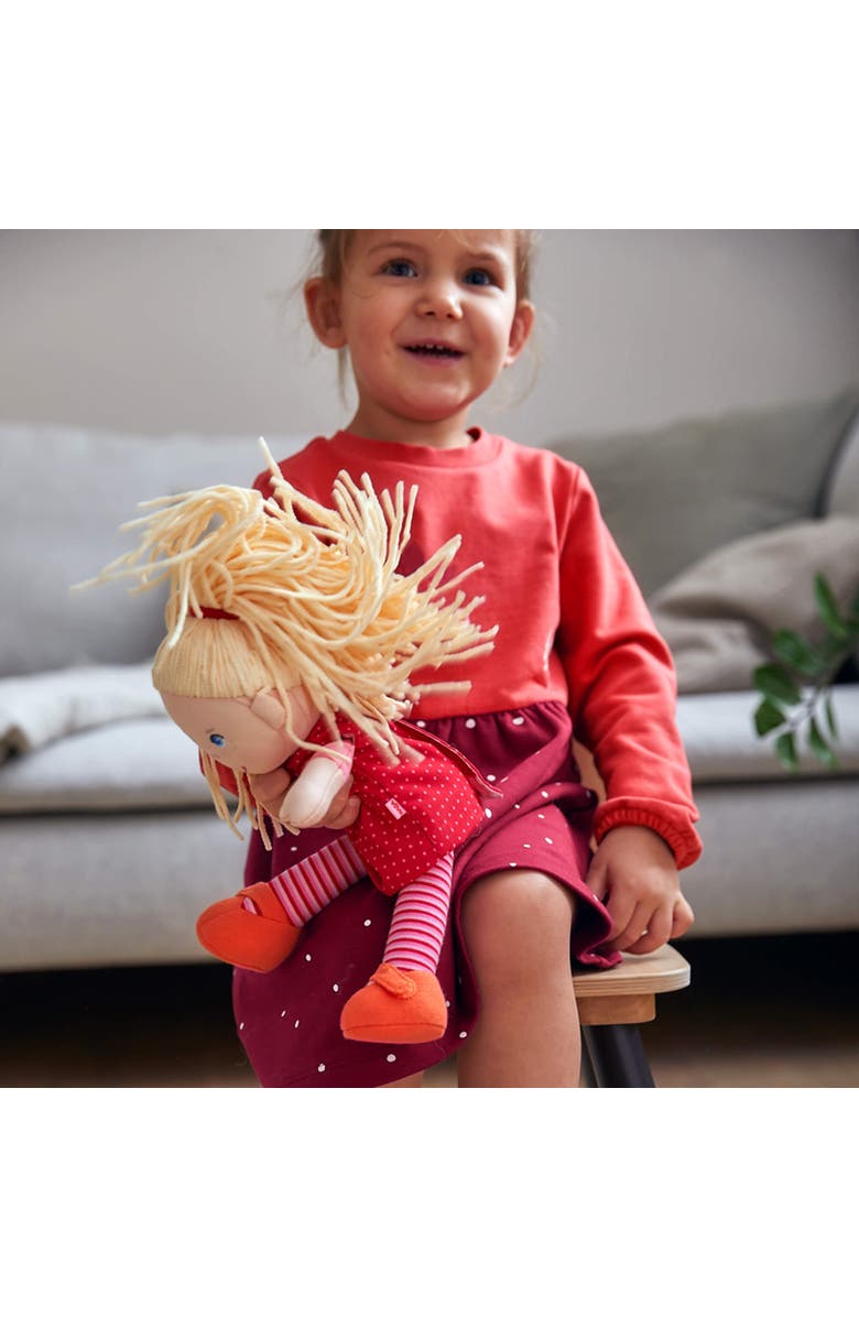 HABA 12" Soft Baby Doll Annelie with Blonde Hair, Embroidered Face, Removable Red Dress and Matching Hairband - Washable Toddler Doll for 18 Months+, Alternate, color, Red Multi