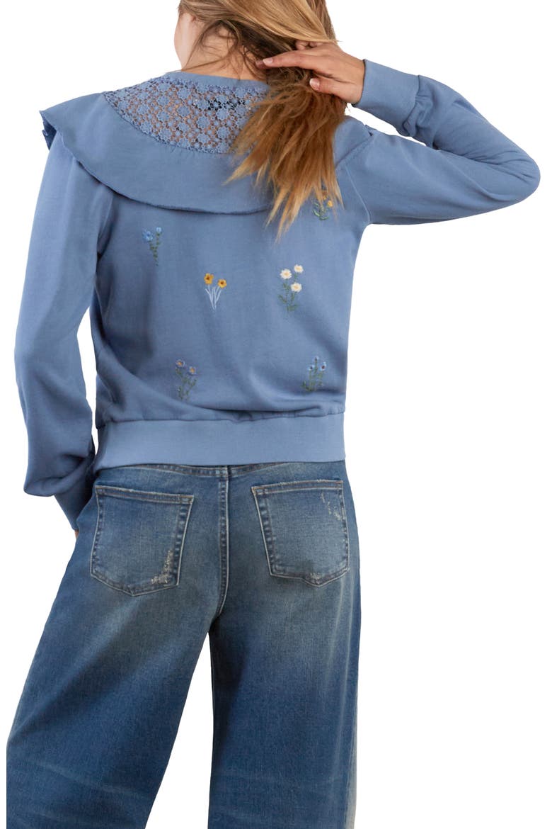 Blossom Embroidered Ruffle Lace Sweatshirt, Alternate, color, ASHLEIGH BLUE