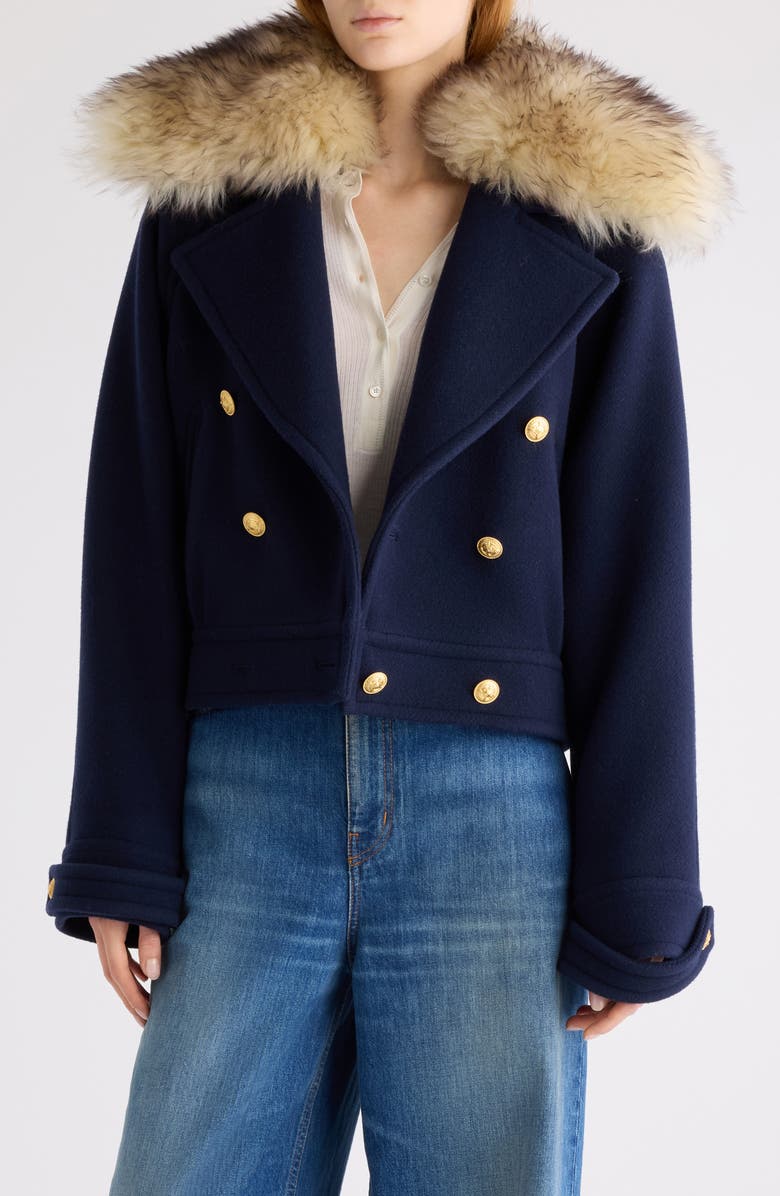 Chloé Crop Double Breasted Coat with Genuine Shearling Collar, Main, color, Evening Blue