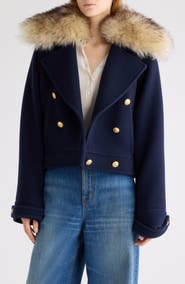 Chloé Crop Double Breasted Coat with Genuine Shearling Collar