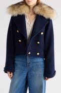 Chloé Crop Double Breasted Coat with Genuine Shearling Collar