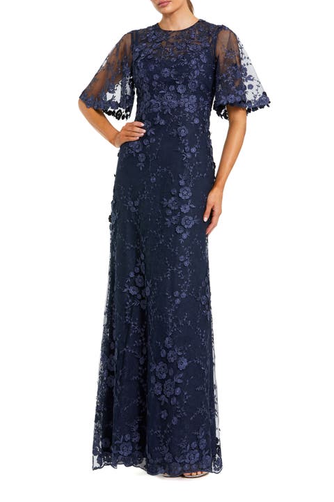 Petite Flutter Sleeve Floral Embroidered Net Gown