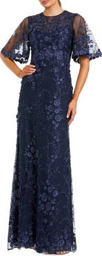 Mac Duggal Petite Flutter Sleeve Floral Embroidered Net Gown
