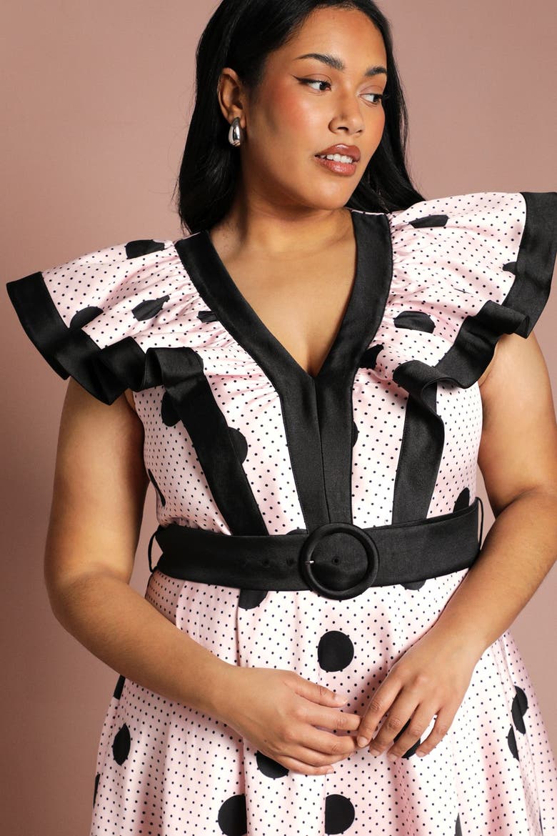 Plus Polka Dot Fit And Flare Midi Dress, Alternate, color, Pink