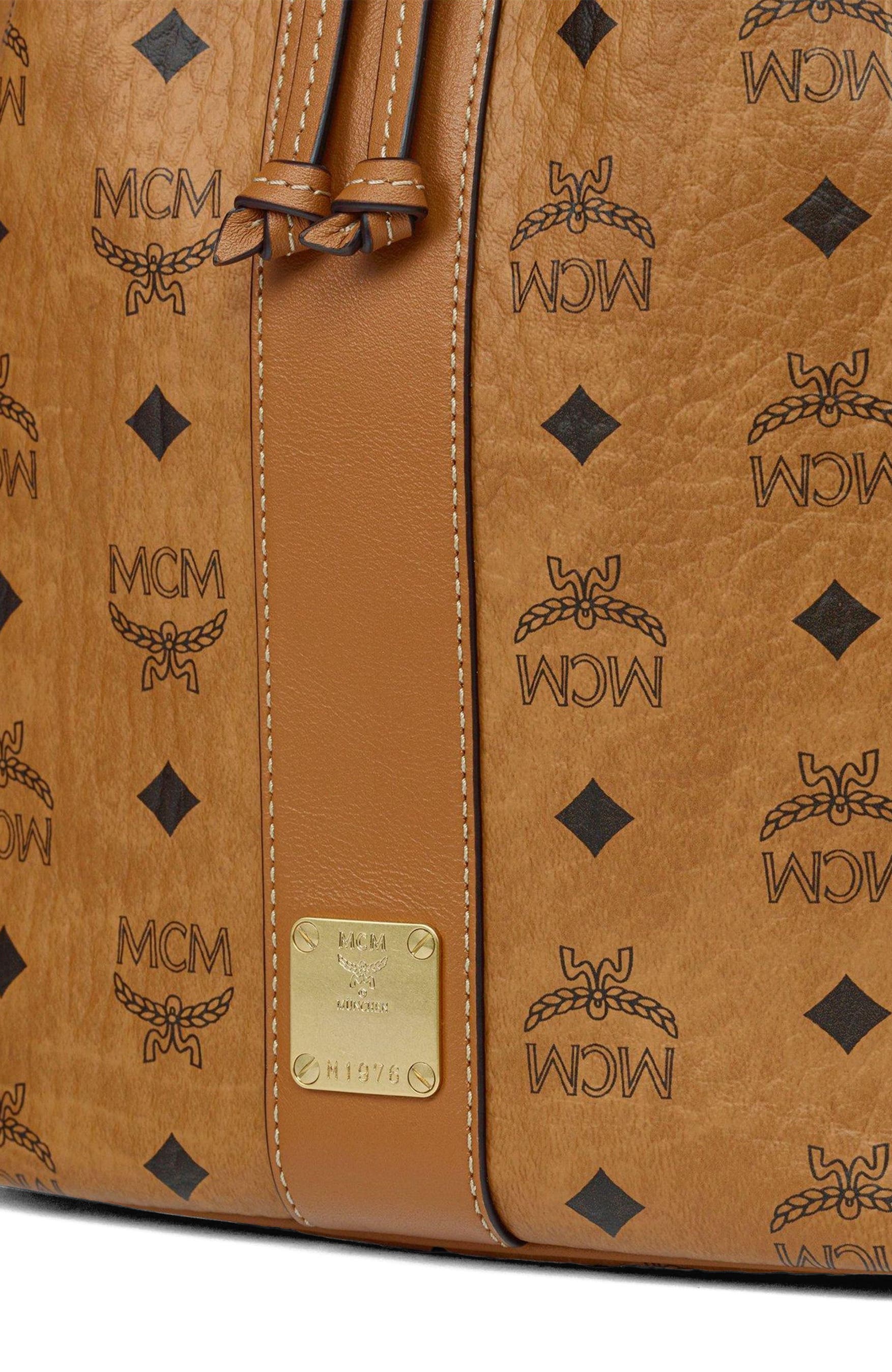 MCM Dessau Drawstring Bag in Visetos, Alternate, color, Cognac