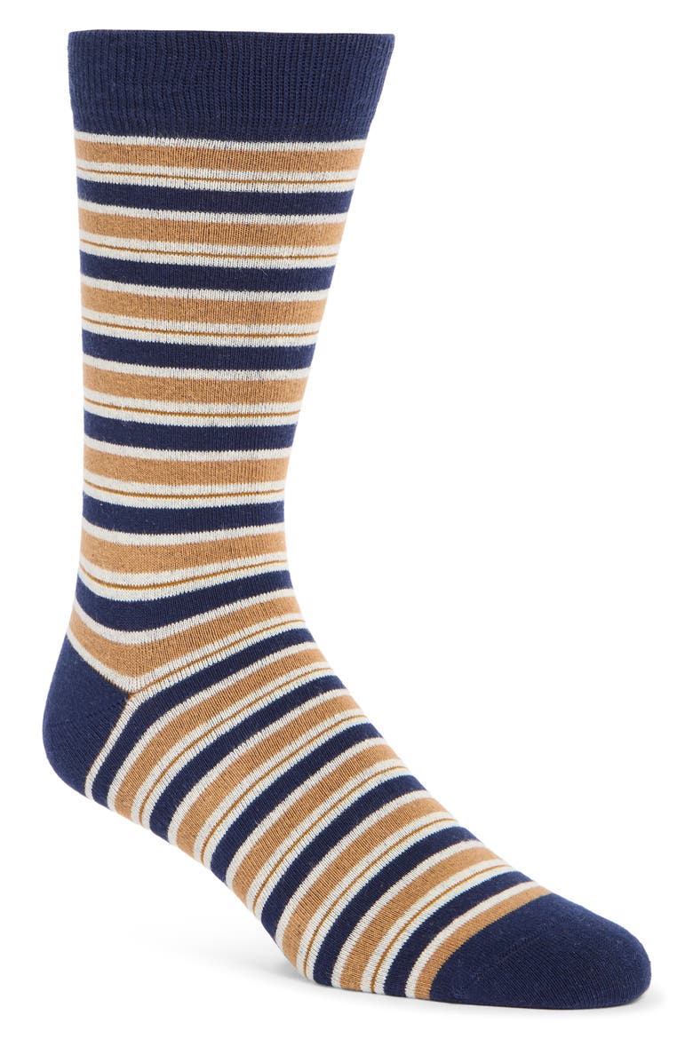 Stripe Dress Socks, Main, color, NAVY- BROWN SADDLE