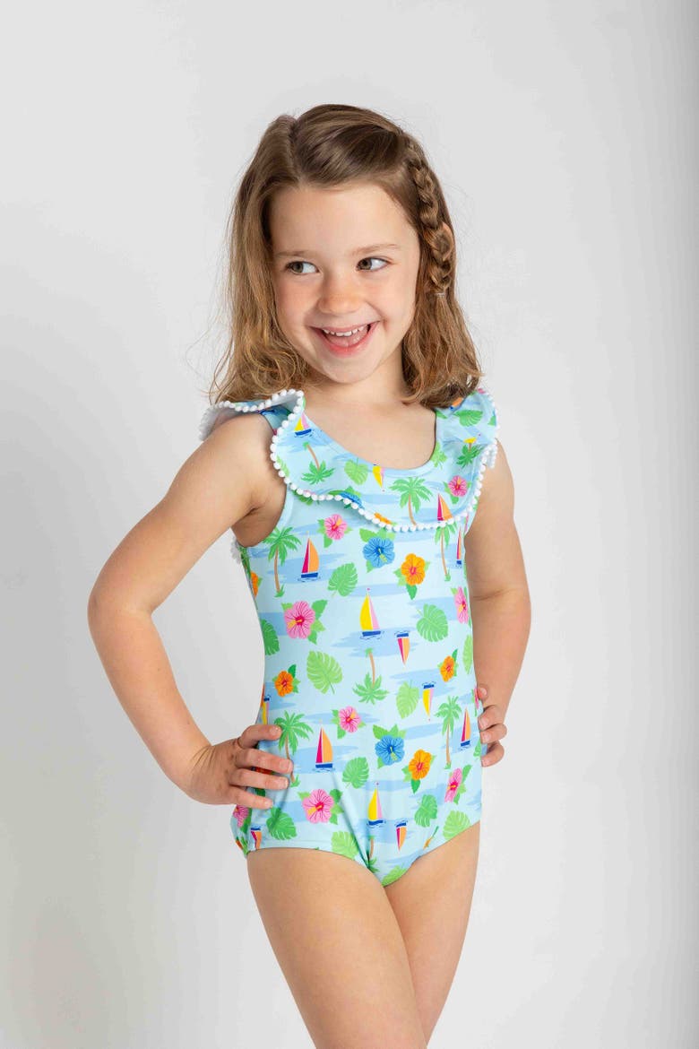 Tropical Print Ruffle Neck Swimsuit, Alternate, color, Multi