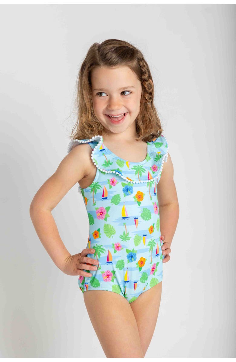 Florence Eiseman Tropical Print Ruffle Neck Swimsuit, Alternate, color, Multi