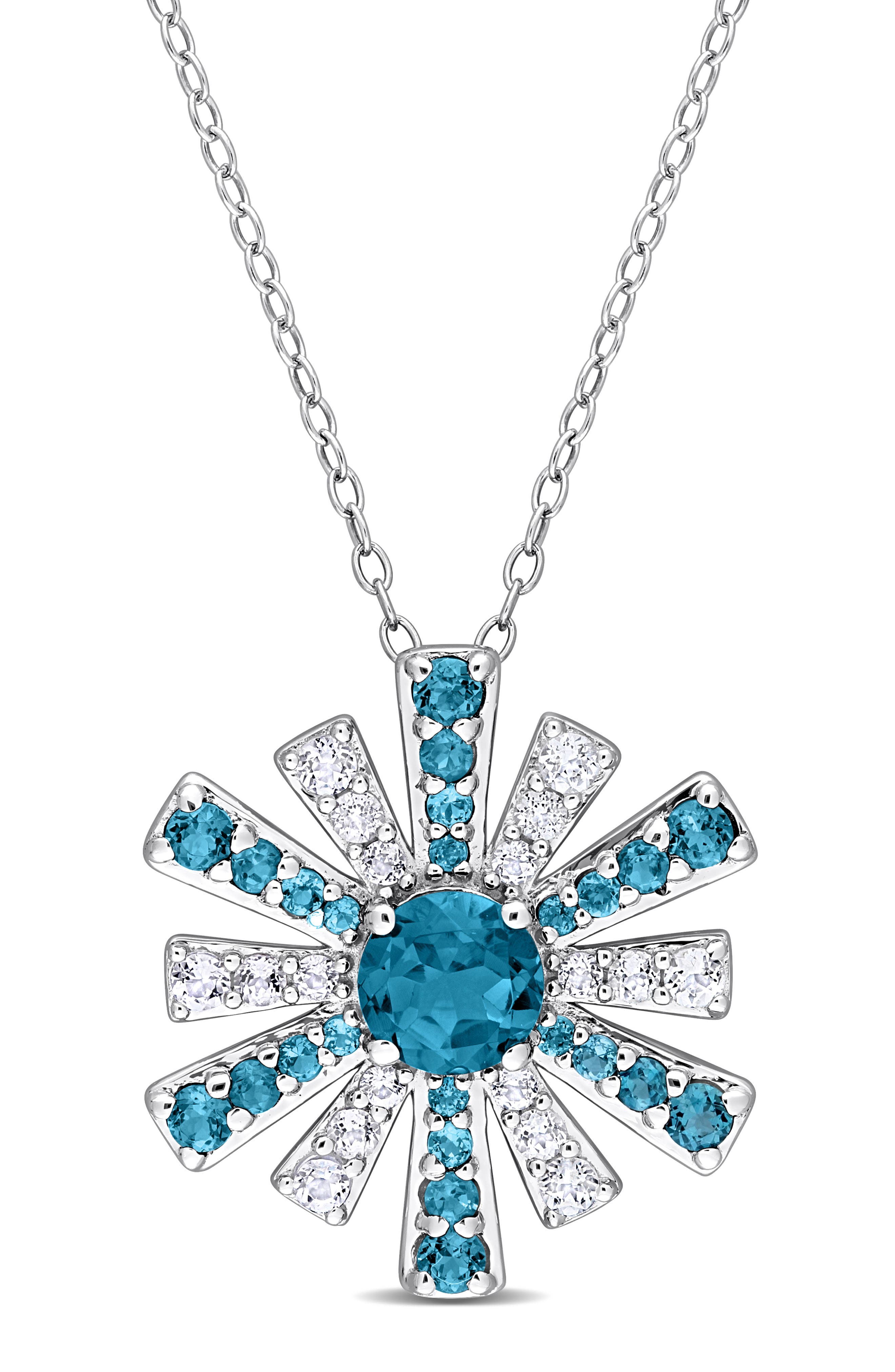 DELMAR Sterling Silver London Blue Topaz & White Topaz Sunburst Pendant Necklace