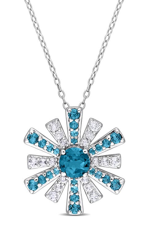 Sterling Silver London Blue Topaz & White Topaz Sunburst Pendant Necklace