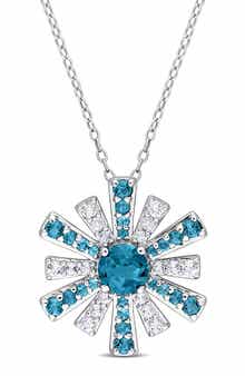 DELMAR Sterling Silver London Blue Topaz & White Topaz Sunburst Pendant Necklace