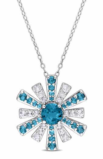 DELMAR Sterling Silver London Blue Topaz & White Topaz Sunburst Pendant Necklace