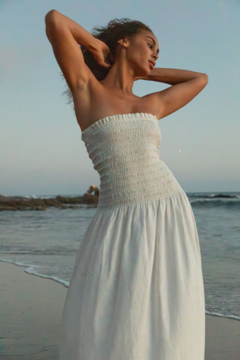 Elle Strapless Smocked Maxi Linen Dress, Alternate, color, White