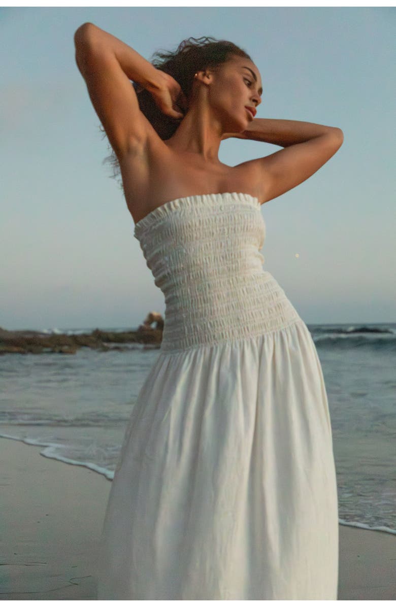 nuaje nuaje Elle Strapless Smocked Maxi Linen Dress, Alternate, color, White
