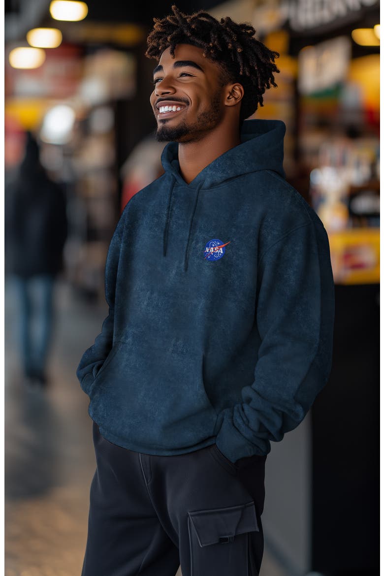 NASA Mineral Wash Hoodie Dalix NASA Embroidered Fleece Hoodie Mineral Wash Long Sleeve Sweatshirt Me, Alternate, color, Navy Blue