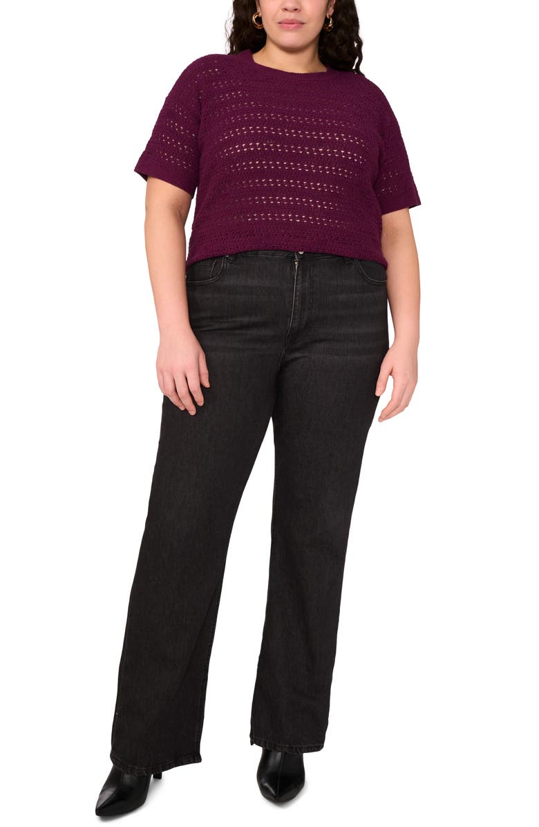 Vince Camuto Open Stitch Short Sleeve Crewneck Sweater, Alternate, color, Pickled Beet