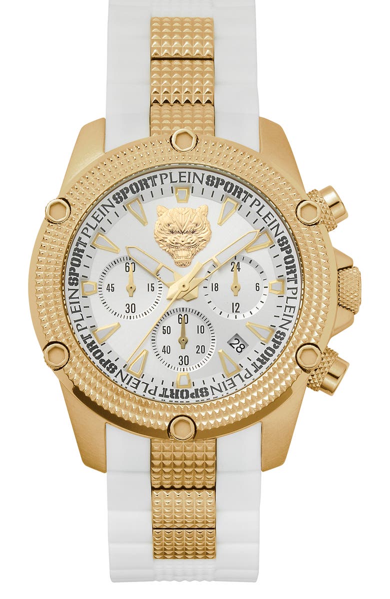 PHILIPP PLEIN Hurricane Two-Tone Sunray Silicone Strap Watch, 44mm, Main, color, Gold