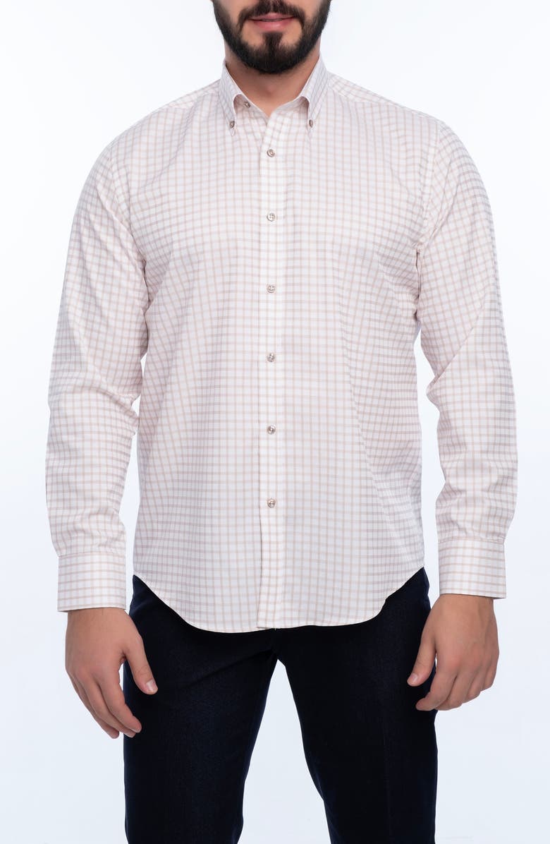 VELLAPAIS Grid Cotton Slim Fit Button Down Shirt, Main, color, White