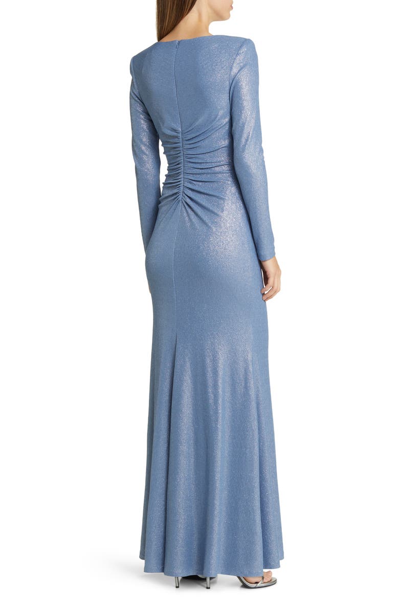 Ruched Metallic Side Drape Long Sleeve Gown, Alternate, color, BLUE