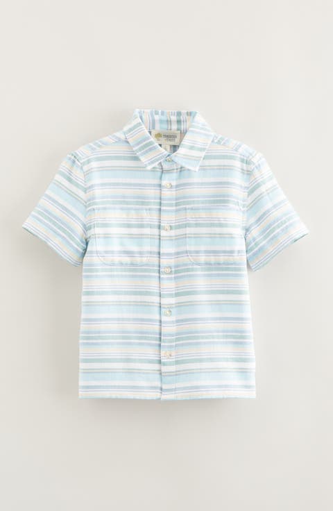 Kids' Stripe Short Sleeve Cotton Twill Button-Up Shirt
