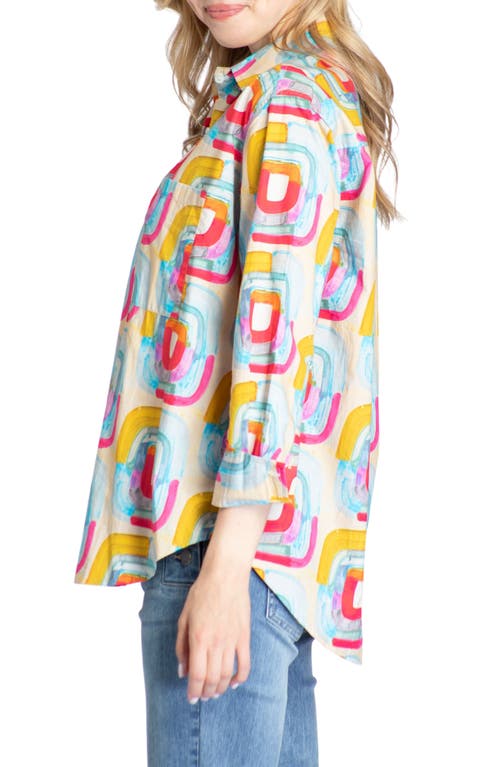 Apny Oversize Feather Print Button-up Shirt In Yellow Multi