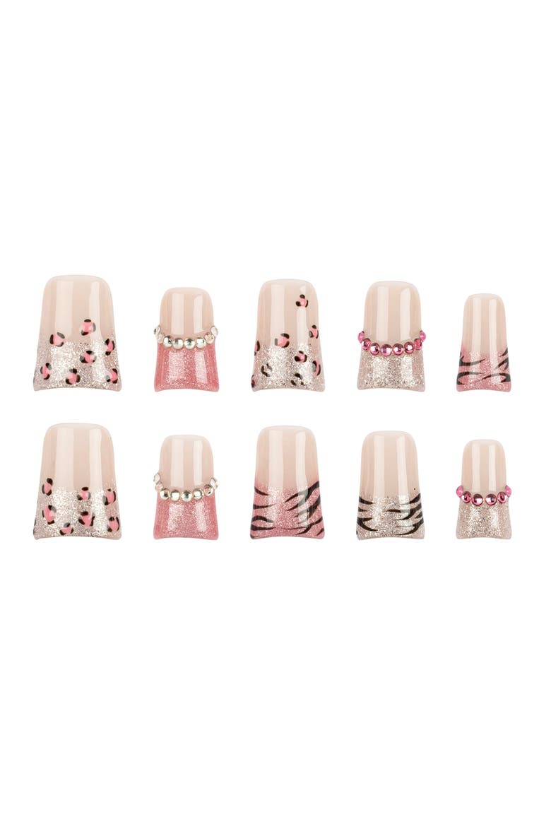 Y2K Duck Diva Medium Flare Press-On Nails - Pink Glitter Leopard, Main, color, Pink