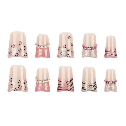 Y2K Duck Diva Medium Flare Press-On Nails - Pink Glitter Leopard