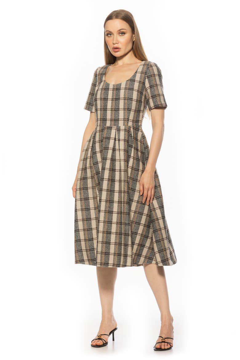 Imani Short Sleeve Pleated Dress, Alternate, color, BROWN PLAID