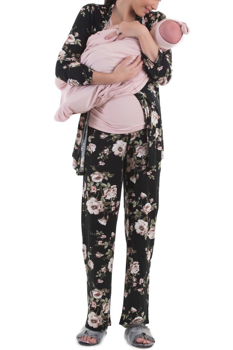 Maternity/Nursing Cardigan, Top, Pants, Baby Wrap & Headband Set, Main, color, PINK