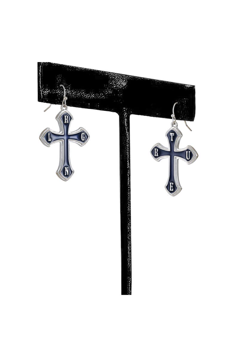 True Religion Logo Cross Drop Earrings, Alternate, color, Silver Tone