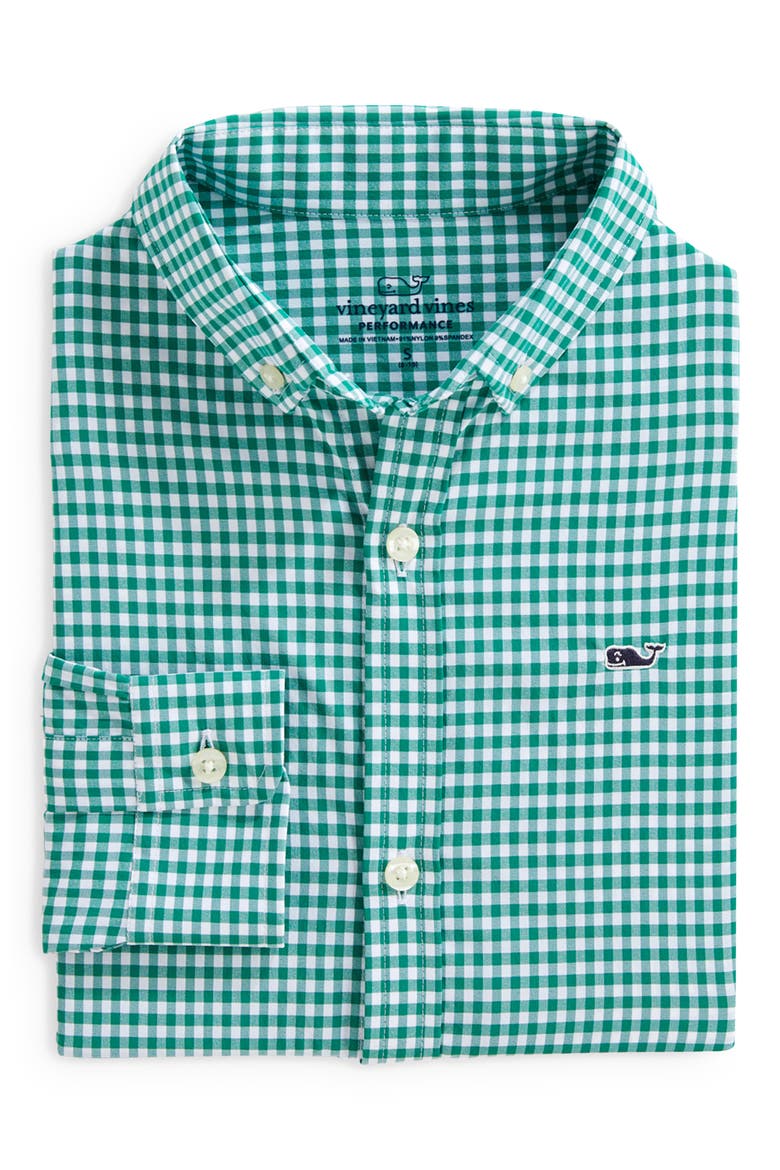 Kids' Gingham Performance Whale Button-Down Shirt, Alternate, color, ARAWAK GREEN MEADOW