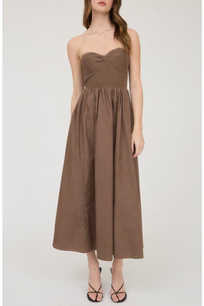 Mixed Media Strapless Midi Dress, Main, color, BROWN