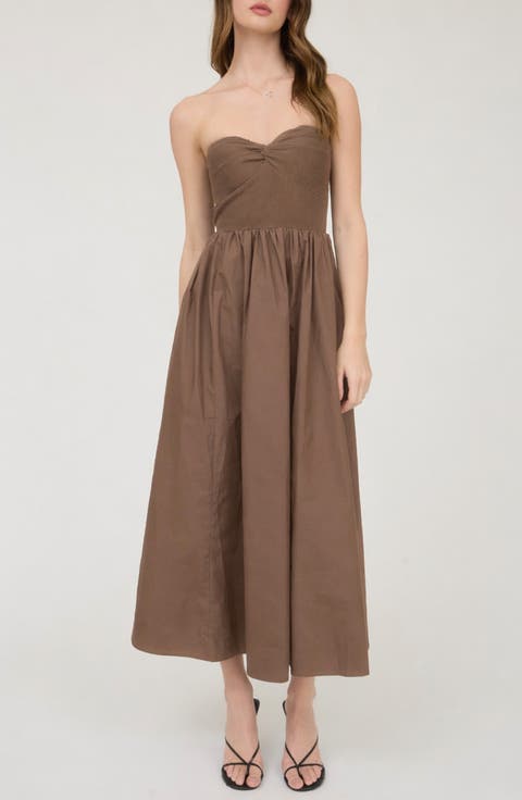 Mixed Media Strapless Midi Dress