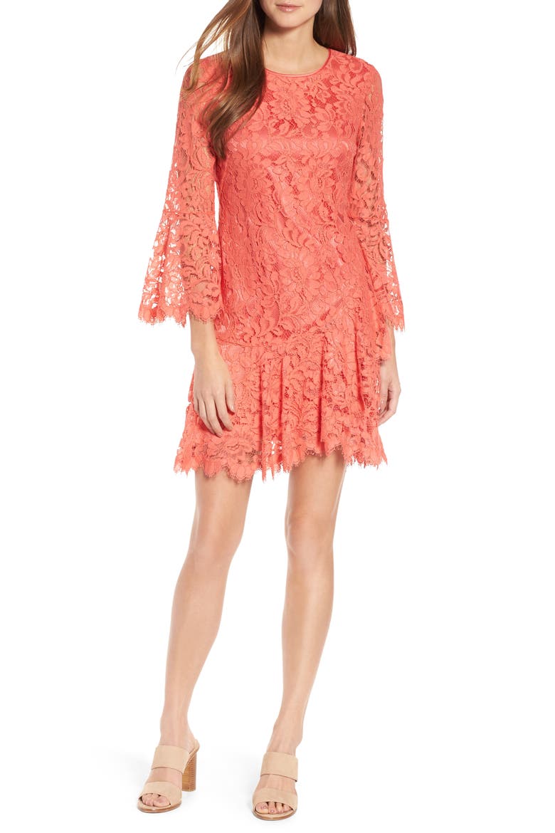 Lace Bell Sleeve Dress, Alternate, color, CORAL