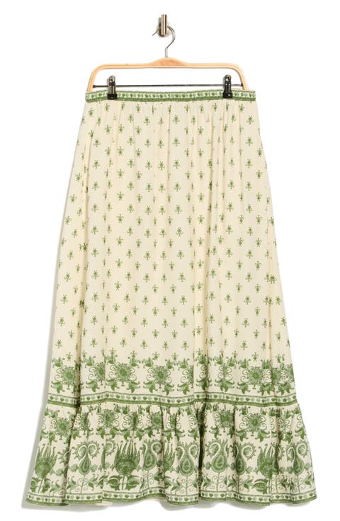 Border Print Pull-On Maxi Skirt