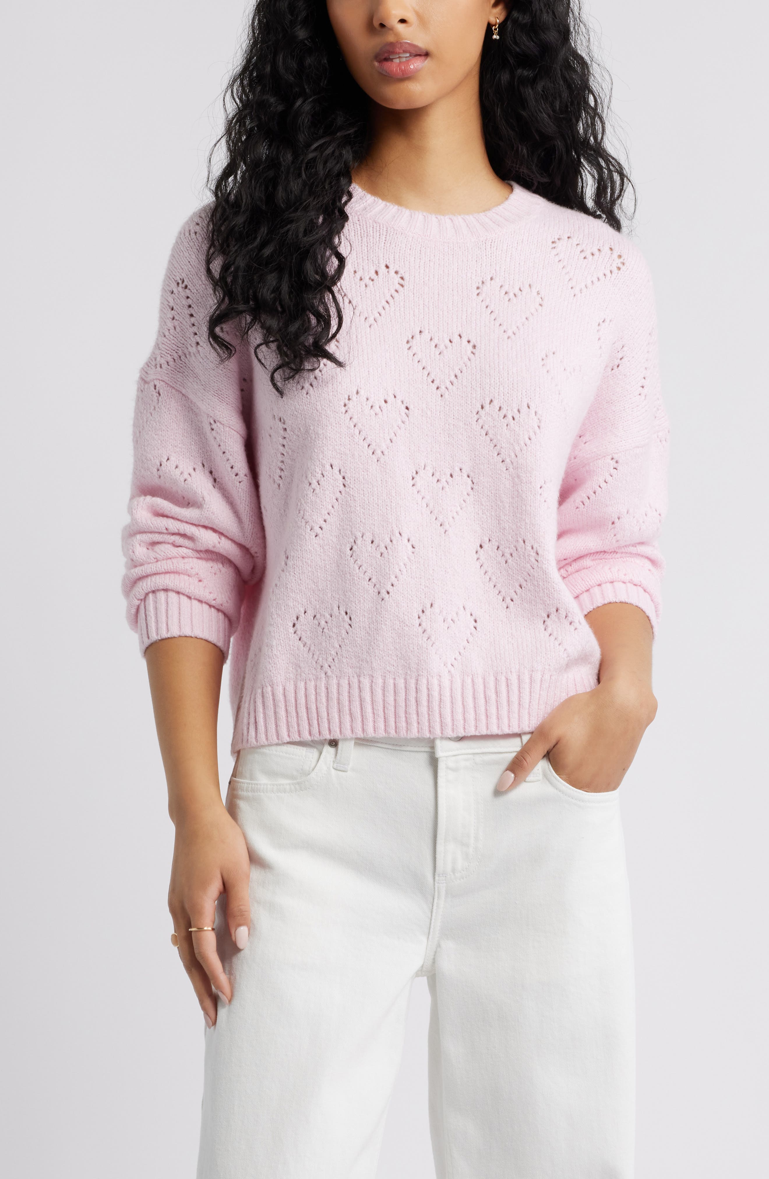 Pointelle Heart Cotton Blend Sweater
