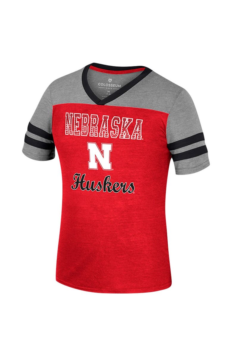 COLOSSEUM Girls Youth Colosseum Scarlet/Heather Gray Nebraska Huskers Summer Striped V-Neck T-Shirt, Alternate, color, 
