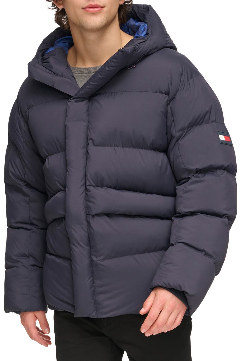 Hooded Long Puffer Jacket, Alternate, color, NAVY