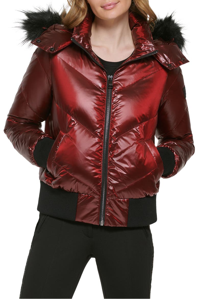 Chevron Quilted Water Resistant Faux Fur Trim Bomber Jacket, Main, color, RED RUST