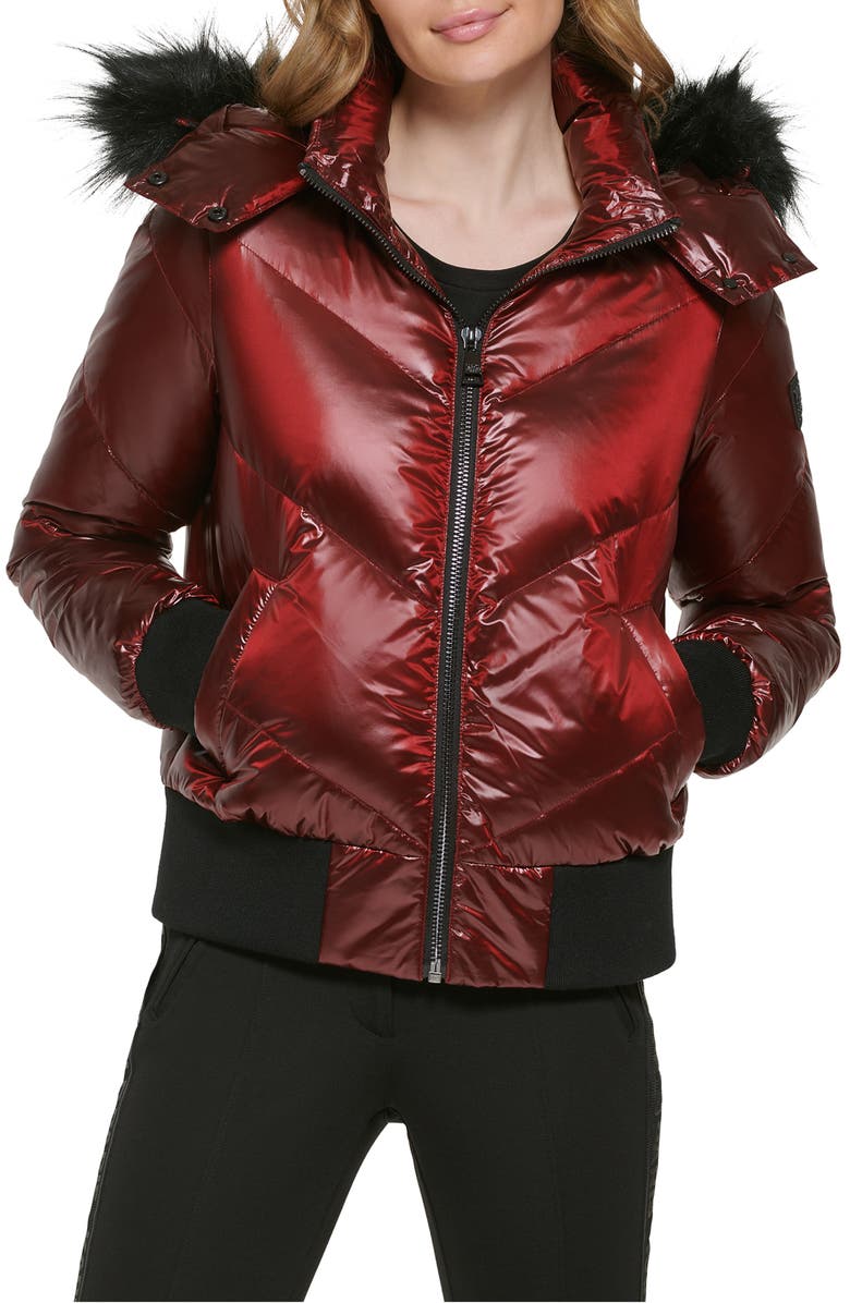 KARL LAGERFELD PARIS Chevron Quilted Water Resistant Faux Fur Trim Bomber Jacket, Main, color, 